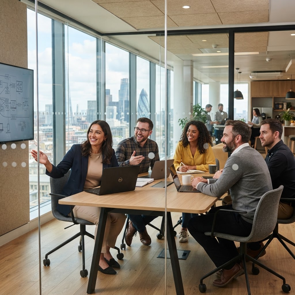 Gcube IT consultancy team collaborating in a bright office