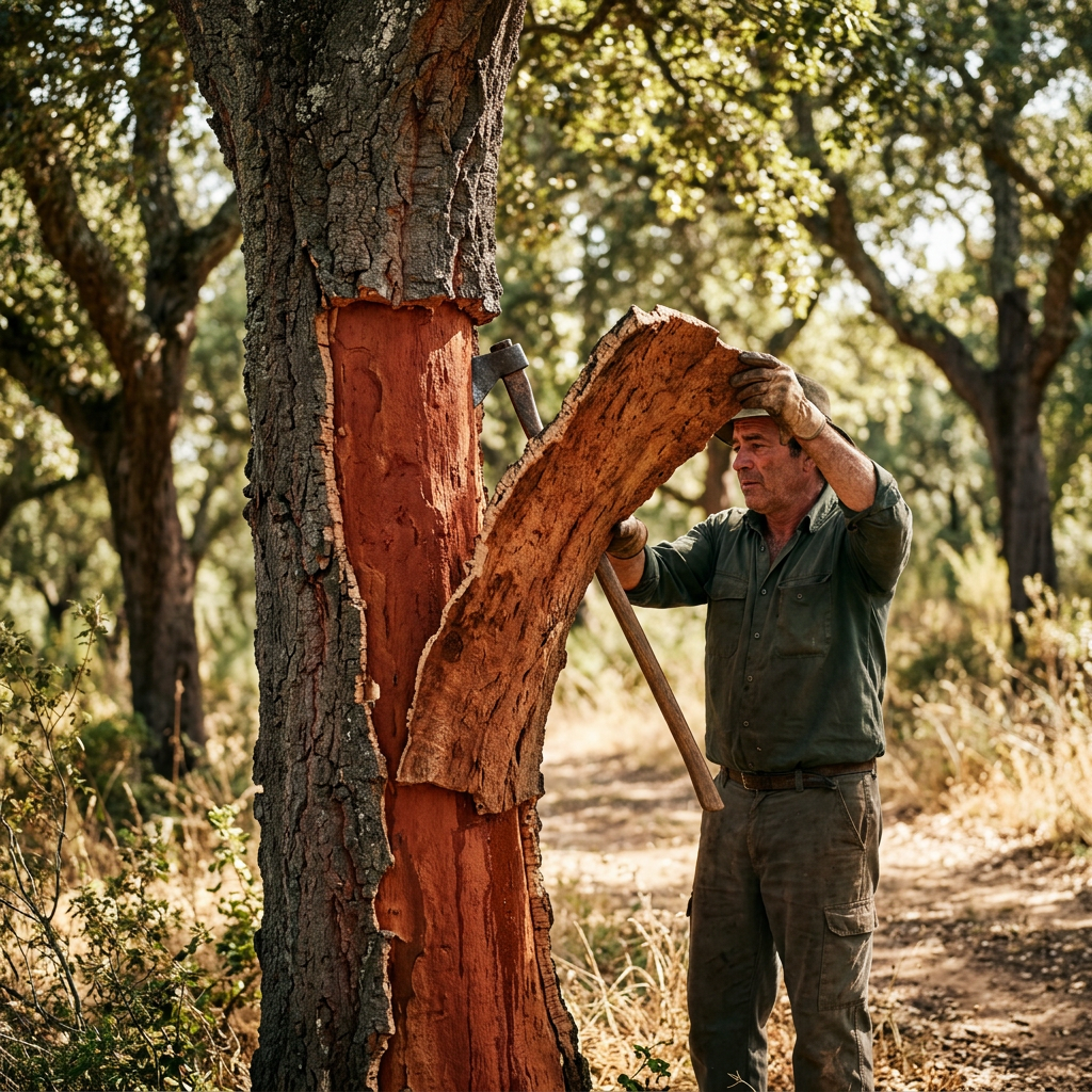 Cork bark being harvested by hand from a cork oak tree