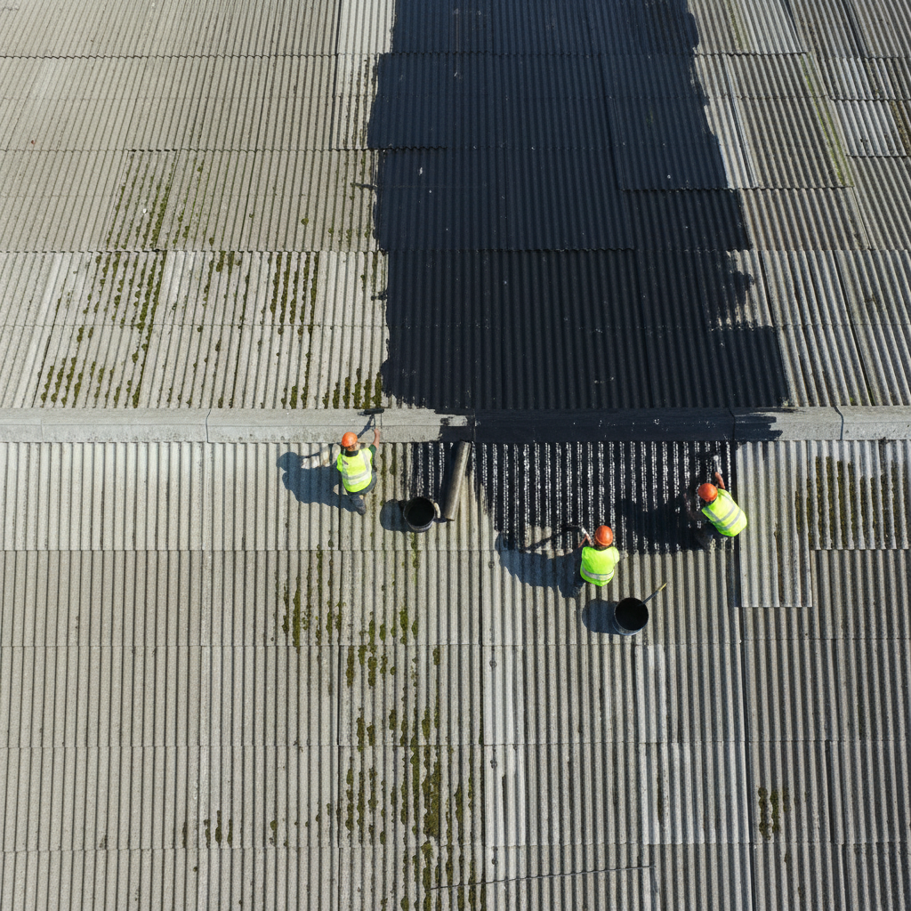 Aerial view of roof restoration with VIPEQ MAP coating being applied