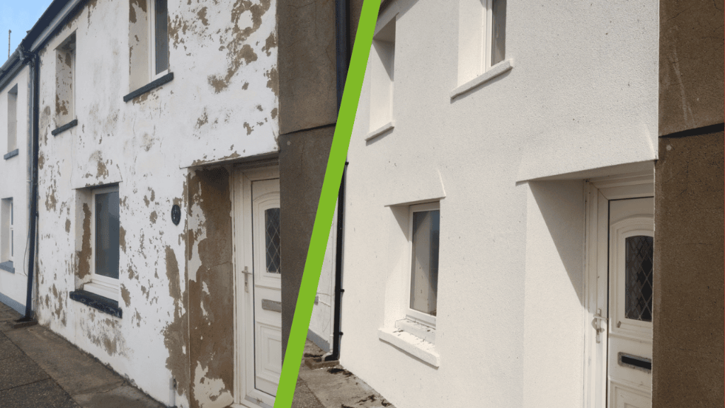 Before and after wall restoration using VIPEQ thermal cork coating