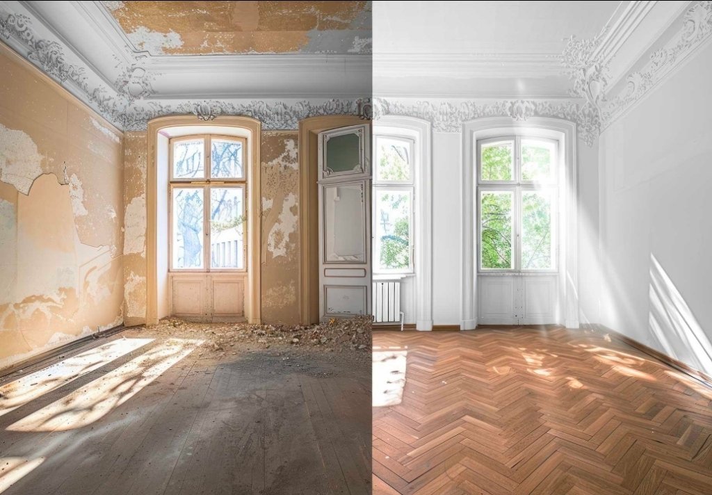 Before and after wall restoration with VIPEQ cork spray in Irish building