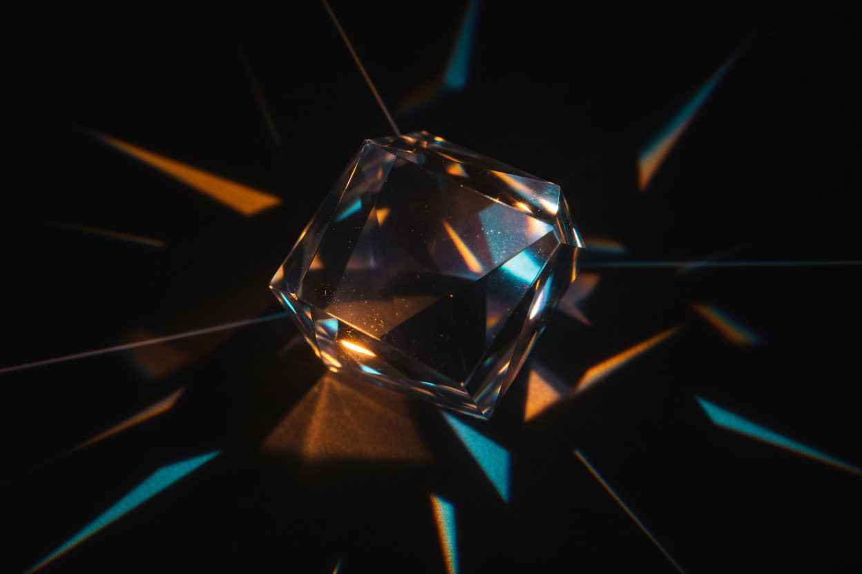 Iridescent light passing through a prism creating sharp geometric shadows