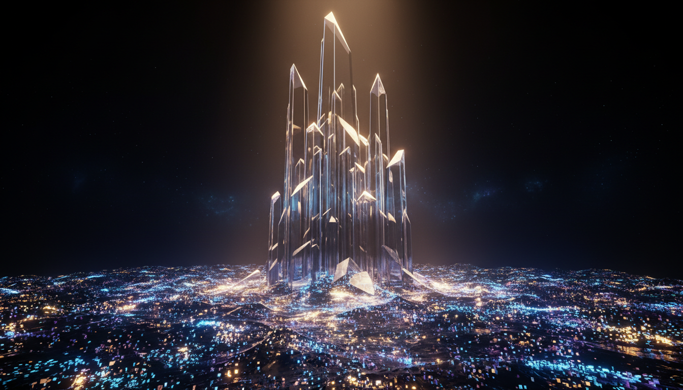 Digital landscape of monolithic glass structures rising from data