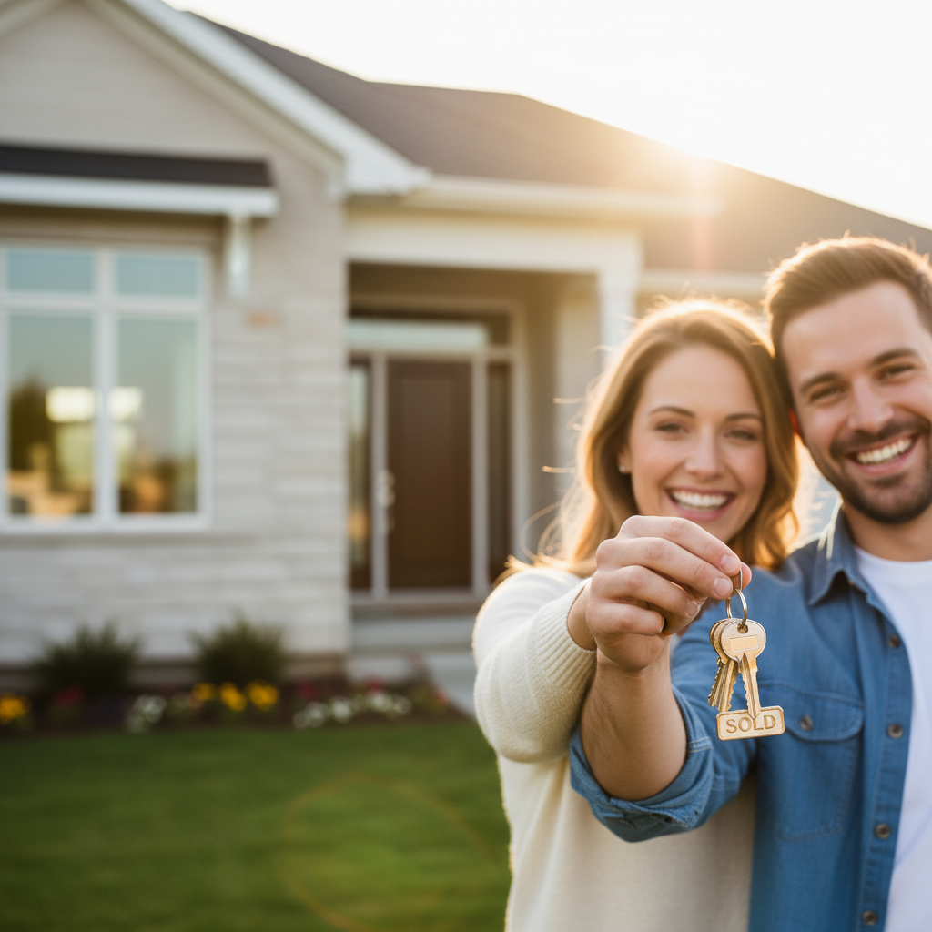 Happy couple with keys to new home