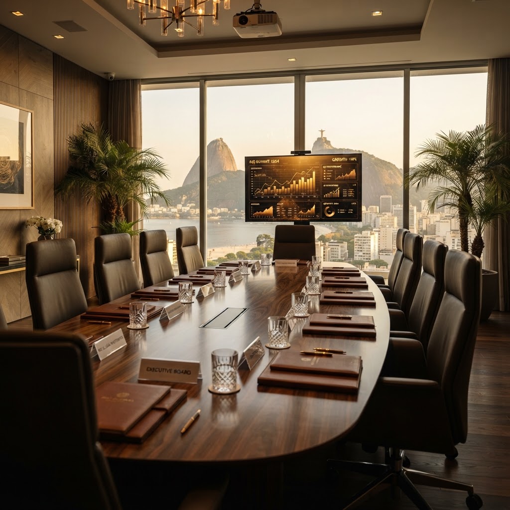 Mesa de reunião executiva pronta com vista do Rio de Janeiro