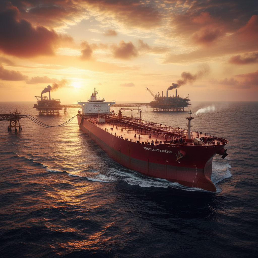 Crude oil tanker loading at terminal