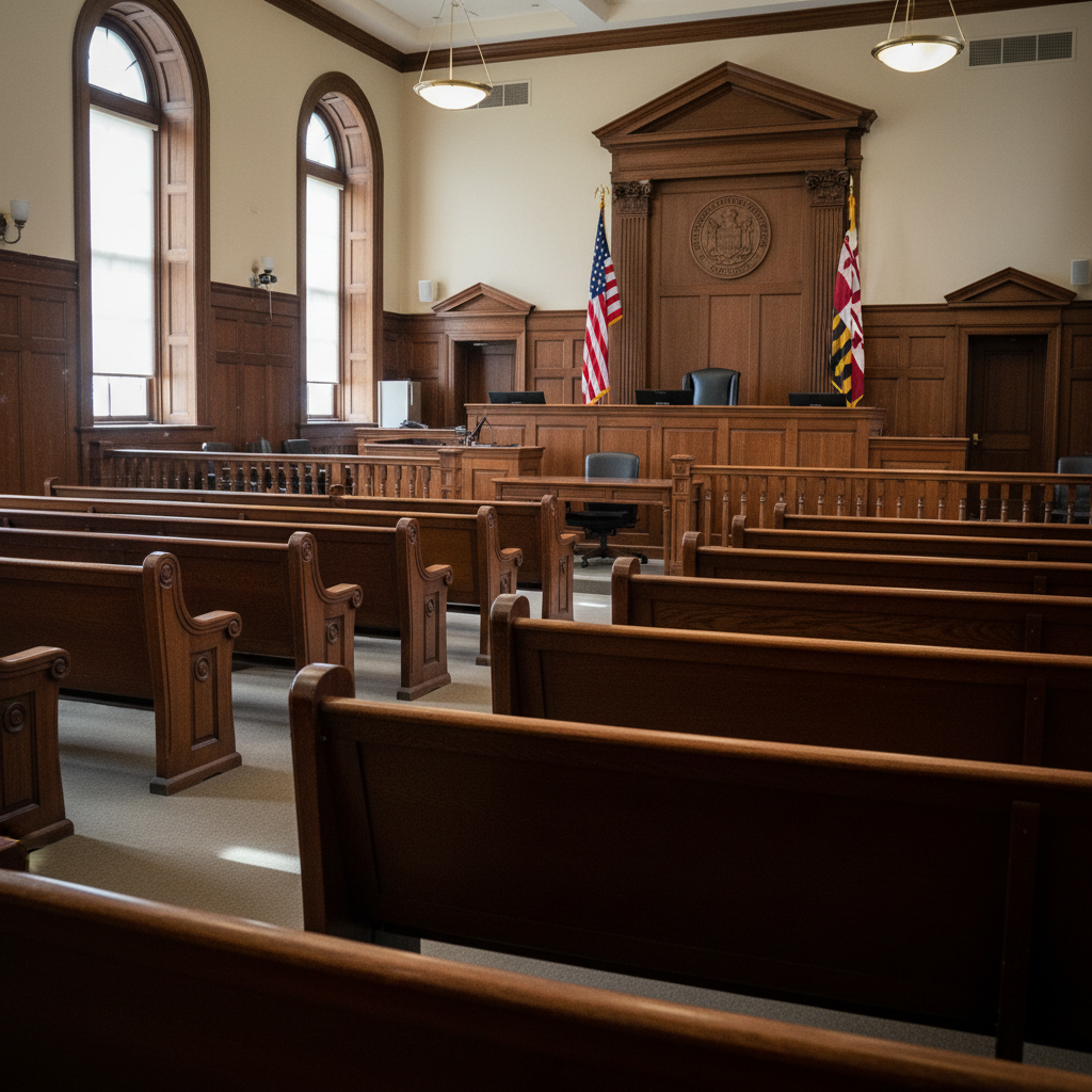Can a DWI Charge in Maryland Be Reduced or Dismissed? Maryland DWI courtroom interior empty benches Ocean City defense