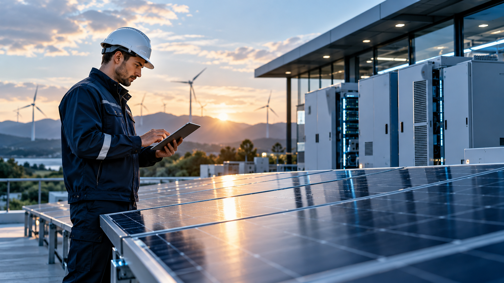 Instalación energética profesional con paneles solares e infraestructura técnica