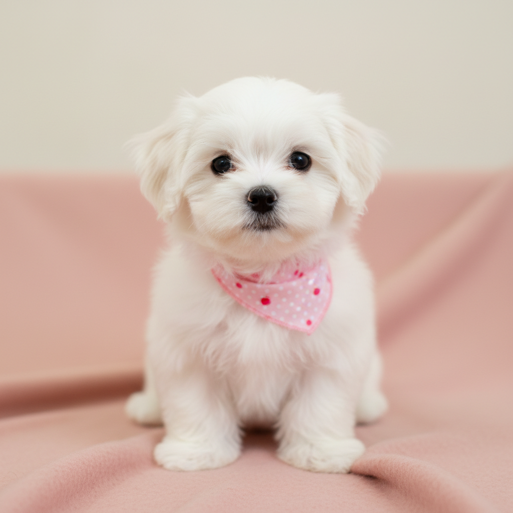 Maltese puppy with fresh grooming and pink bandana