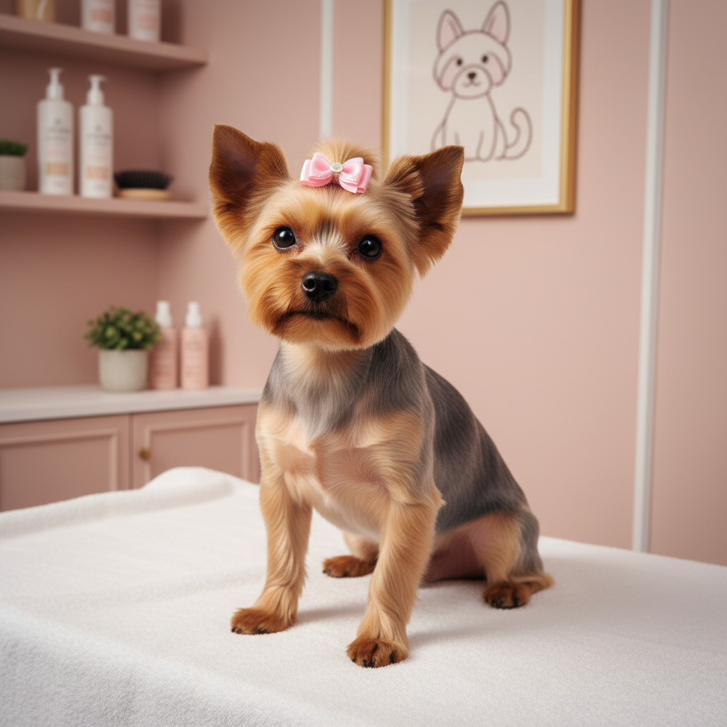 Freshly groomed Yorkshire Terrier with pink bow