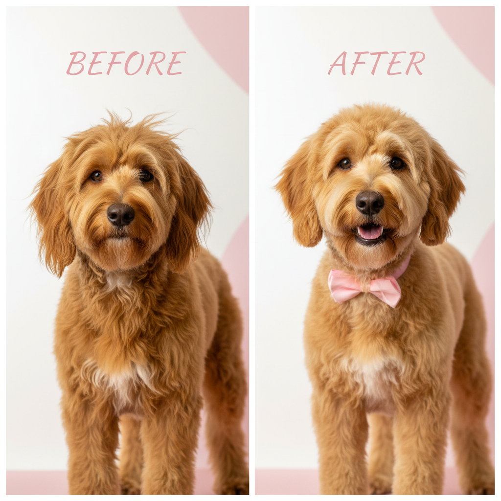 Before and after grooming of a Goldendoodle