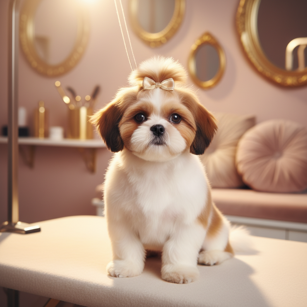 Adorable Shih Tzu puppy after grooming session