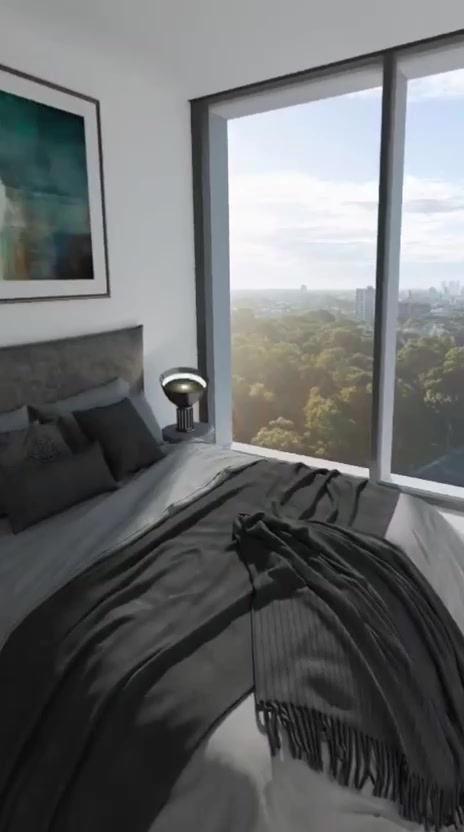 Render de dormitorio con cabecero tapizado y ventana