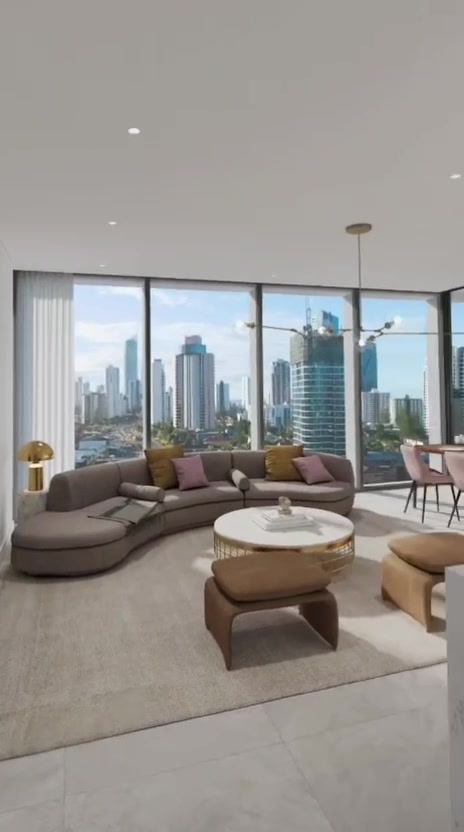 Render de un salón con sofá curvo y ventanales