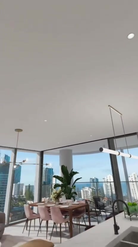 Render de cocina abierta con comedor junto al ventanal