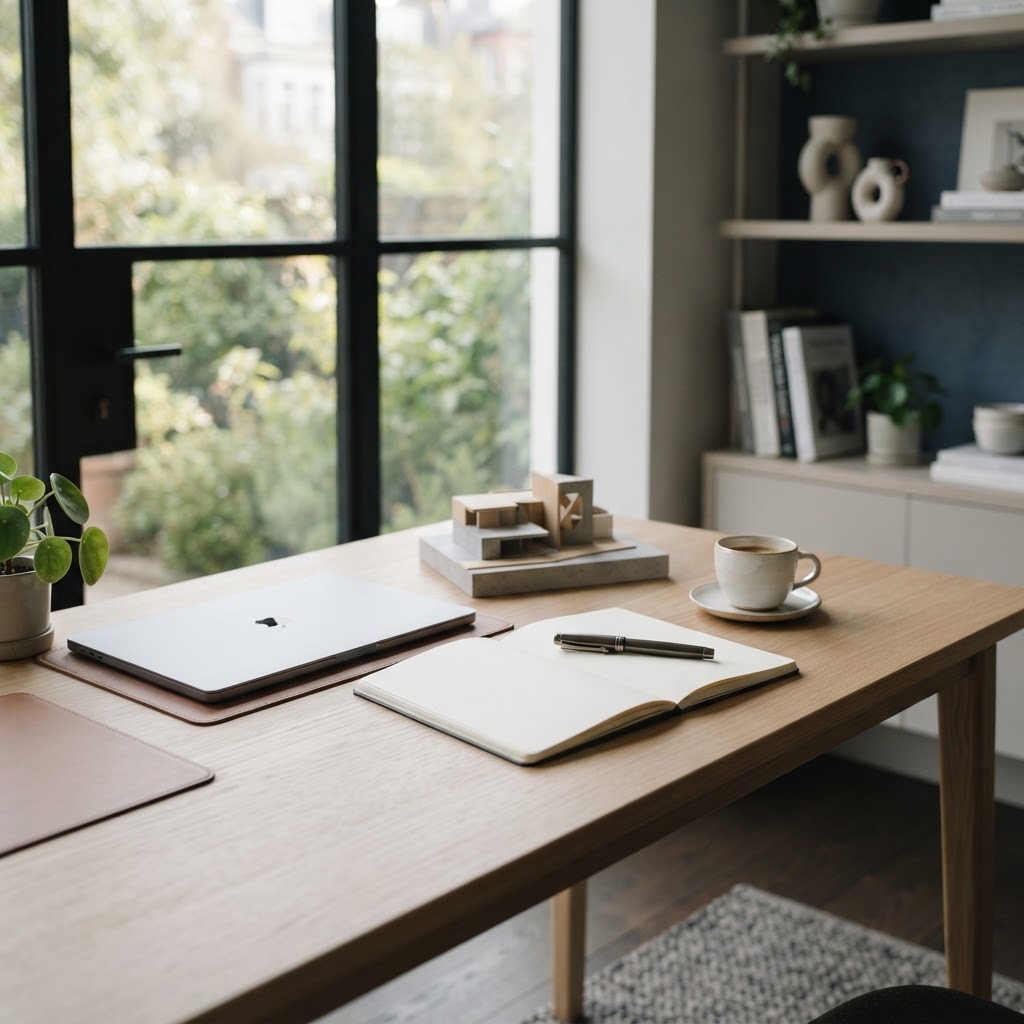 A quiet, modern operator's workspace — a desk, a laptop, a notebook, and soft morning light