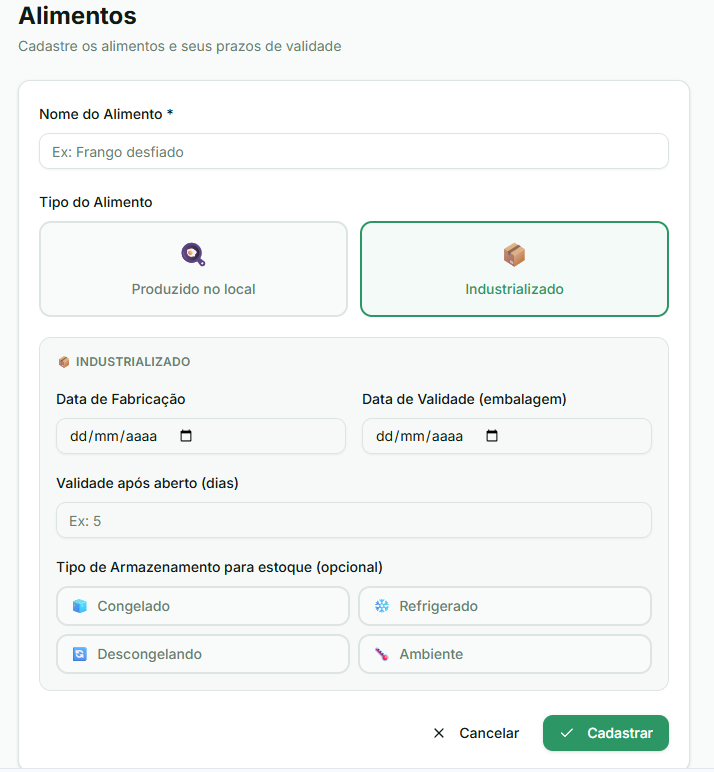 Cadastro de Alimentos