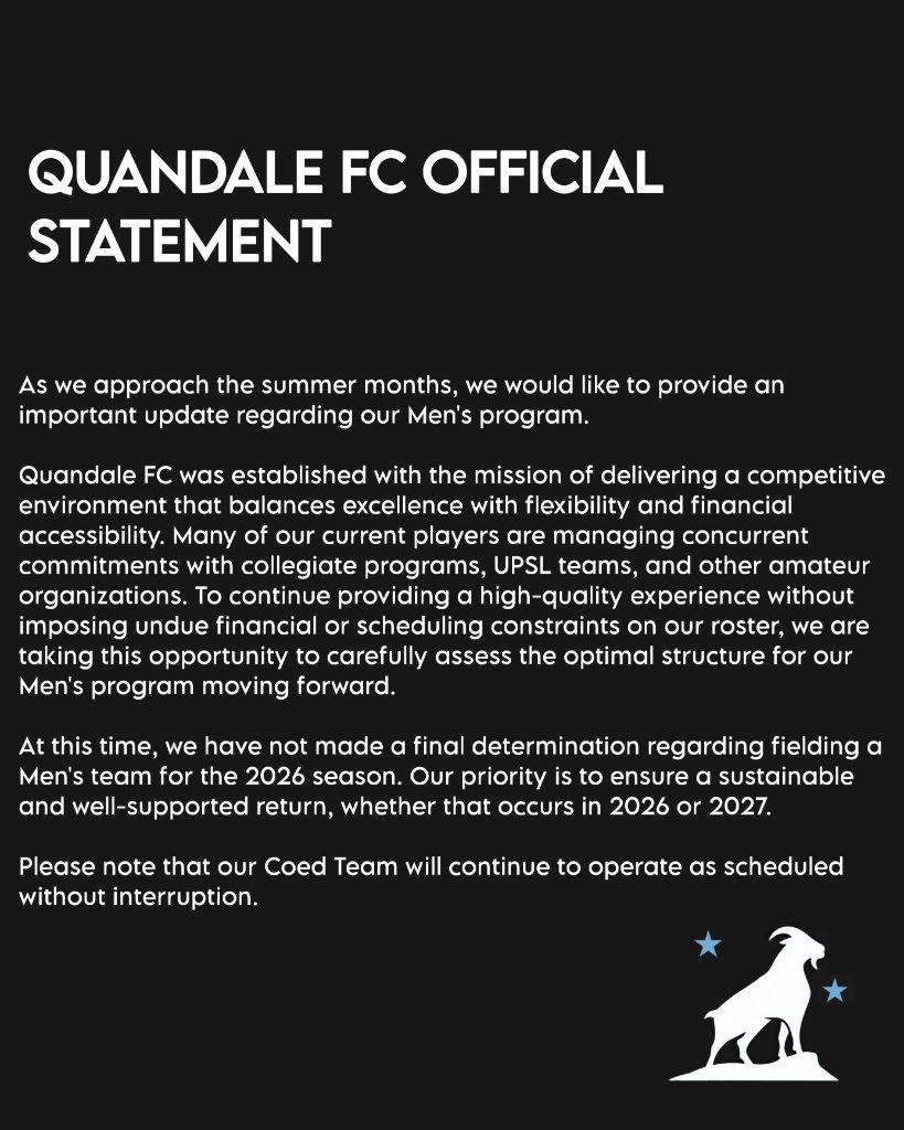Quandale FC Official Statement: Men's Program Update