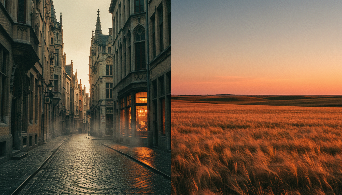Belgian cobblestone streets meeting American landscapes — two worlds connected
