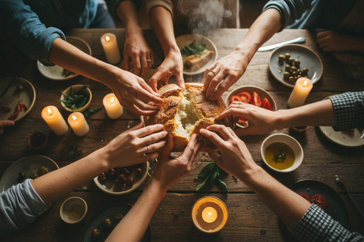 Community sharing a meal together