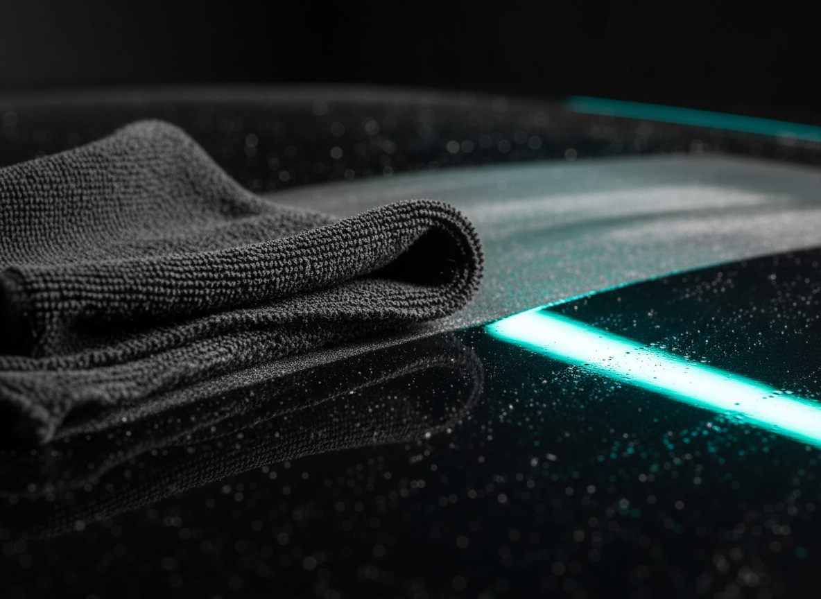 Microfiber cloth detailing a car surface with precision