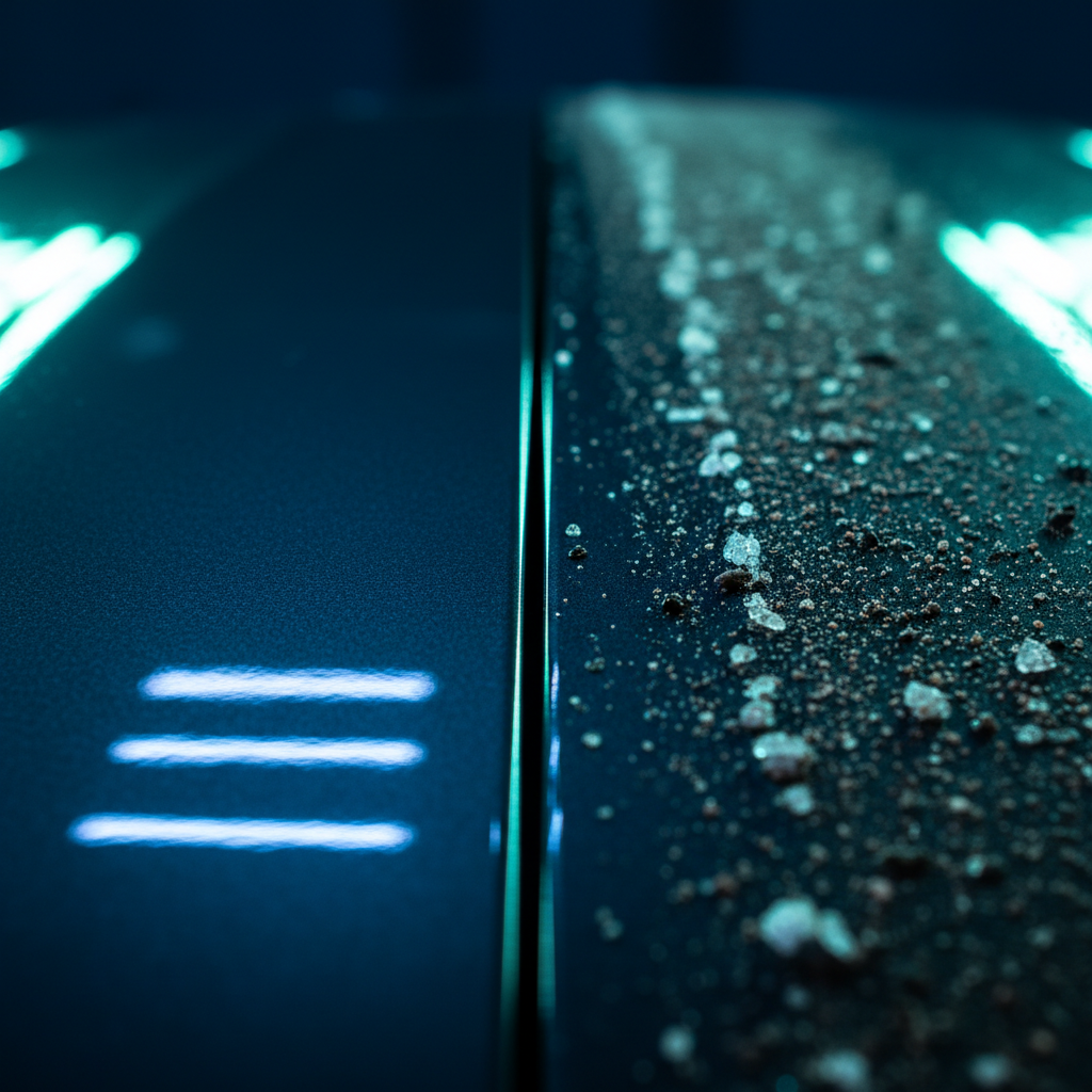 Before and after detailing comparison showing salt removal