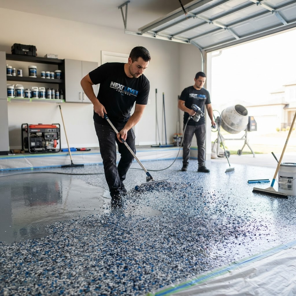 Branded coatings team applying flake epoxy in a residential garage