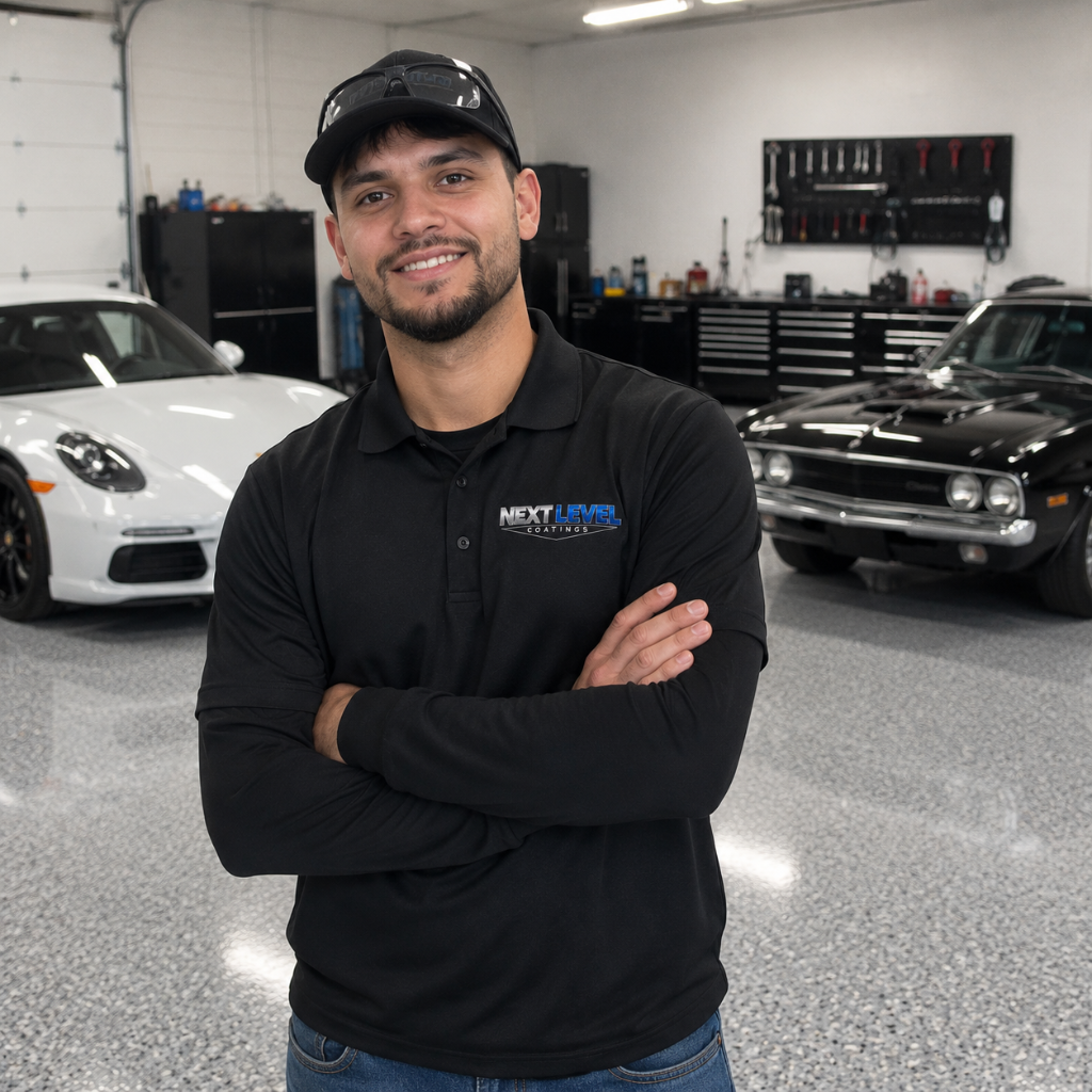 Next Level Coatings owner in a finished epoxy garage with luxury cars