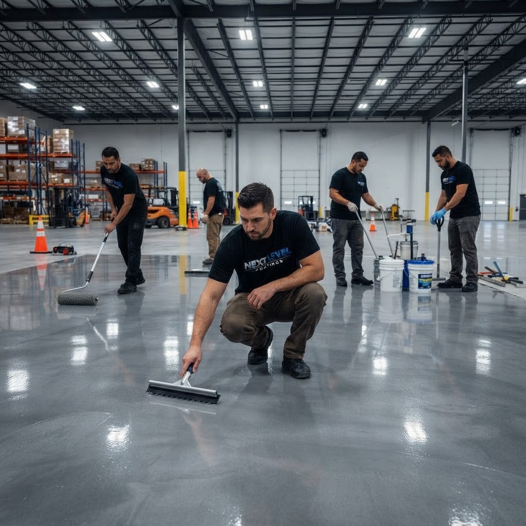 Branded epoxy coating crew installing a commercial warehouse floor