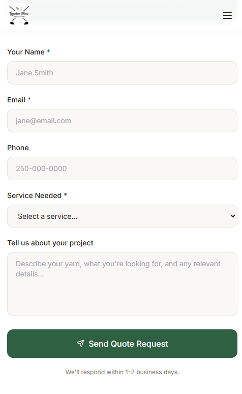 Garden Hoes quote request form on mobile
