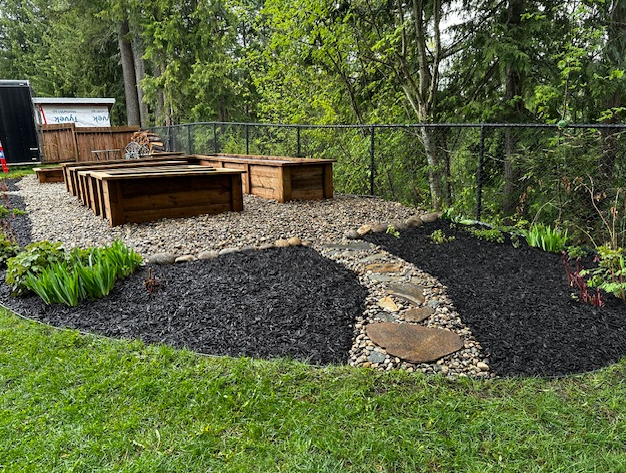 Garden Hoes project with raised garden beds and a stone path