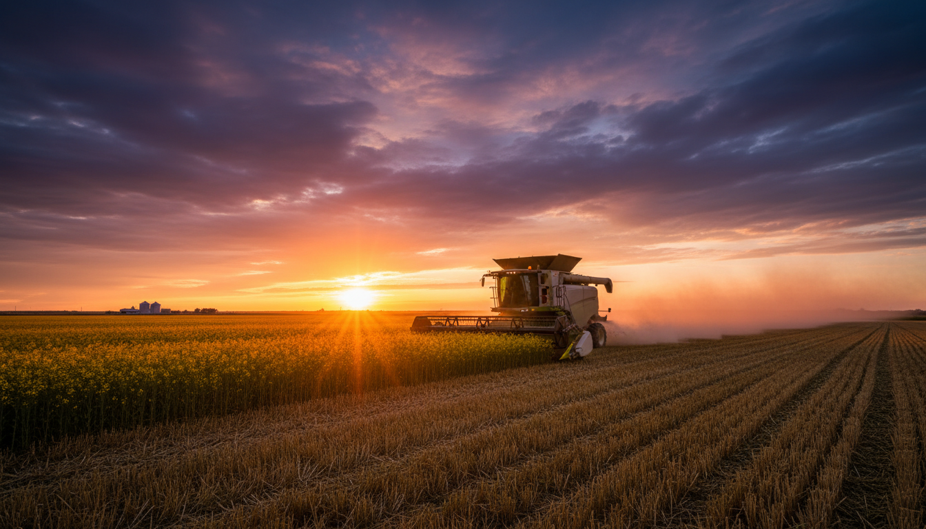 Combine harvester working in golden canola fields at sunset