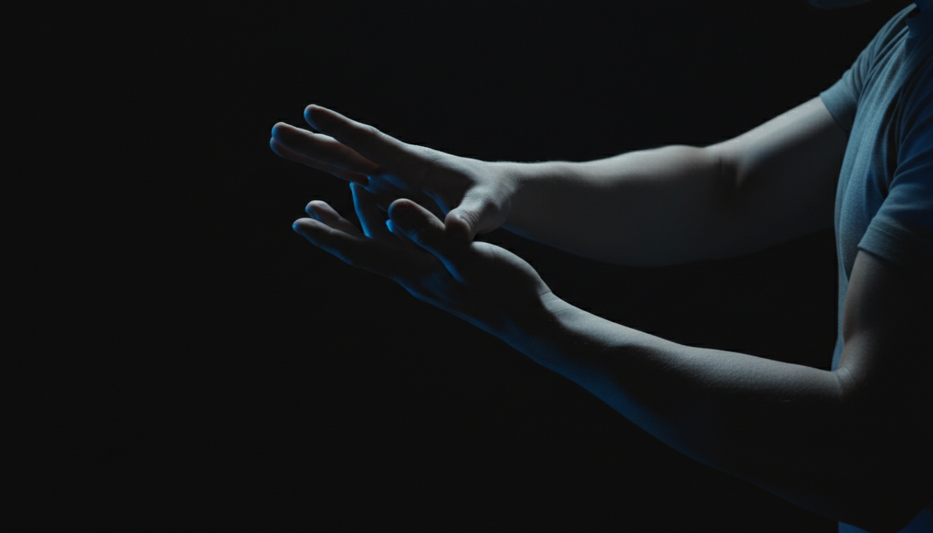 Controlled defensive stance in a dark training studio with blue rim lighting