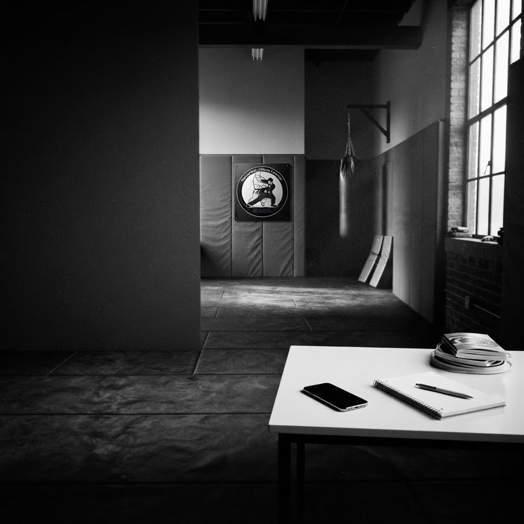 Minimalist desk with phone and notepad in a training studio
