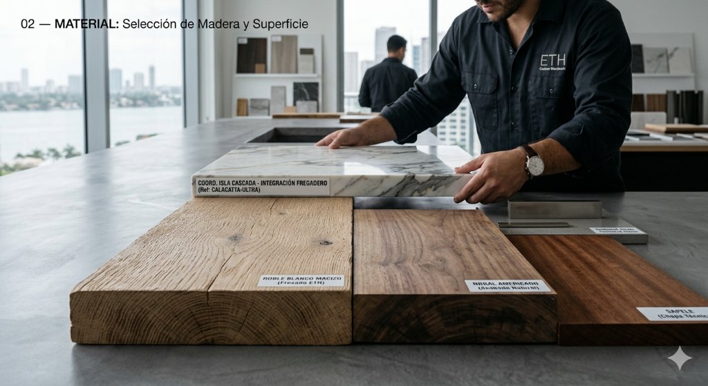 Wood & surface selection — noble materials chosen for beauty and durability.