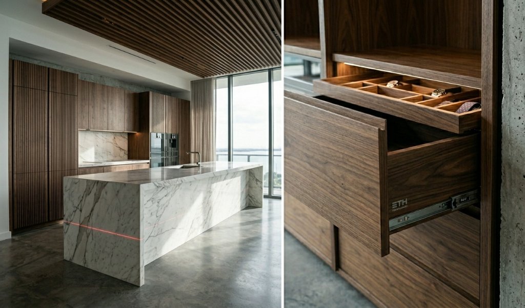 Custom kitchen with full-height walnut cabinetry and integrated appliances by ETH Custom Woodwork
