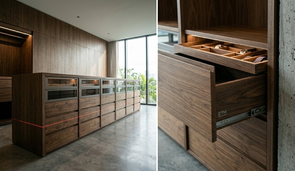 Full-height walnut closet system with integrated appliance bay and precision drawer pulls — every millimeter engineered to 0.1mm tolerance.