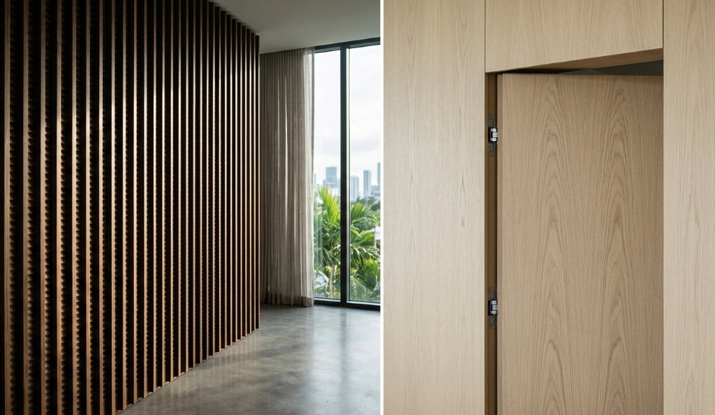 Dark walnut acoustic slat panel wall with flush White Oak door — two species, one rhythm. Hardware: invisible. Craft: absolute.