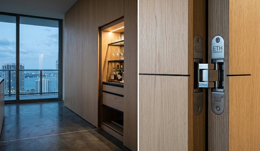 White Oak wall panel concealing a private bar — ETH CONCEALED hinges make the door disappear into the architecture. The room holds a secret.