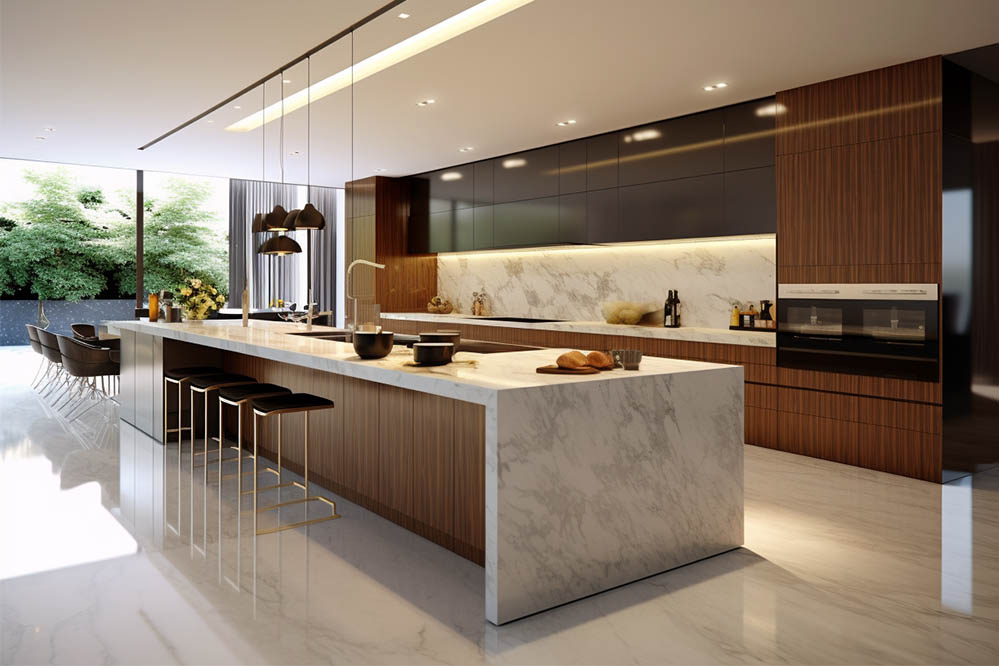Walnut flat-panel cabinetry with Calacatta marble waterfall island — a complete luxury kitchen environment where warmth of wood and the elegance of stone converge in perfect balance.