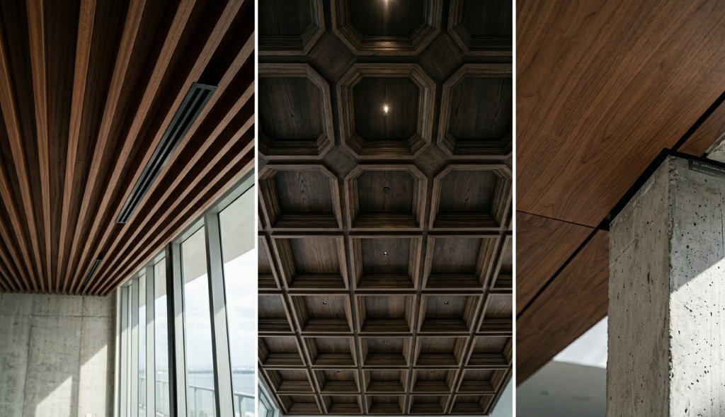 Architectural wood ceiling systems — linear slats, coffered geometry and curved canopy