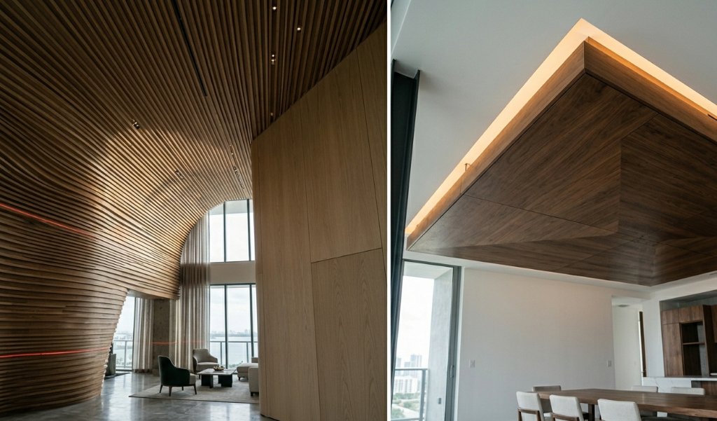 White Oak linear ceiling system with curved slat geometry and integrated wall panels — engineered for a high-rise penthouse in Miami. The continuous grain flow from wall to ceiling transforms the architectural volume into a single, seamless composition.