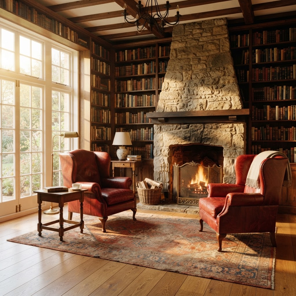 A warm, sunlit library with a stone fireplace and two red armchairs