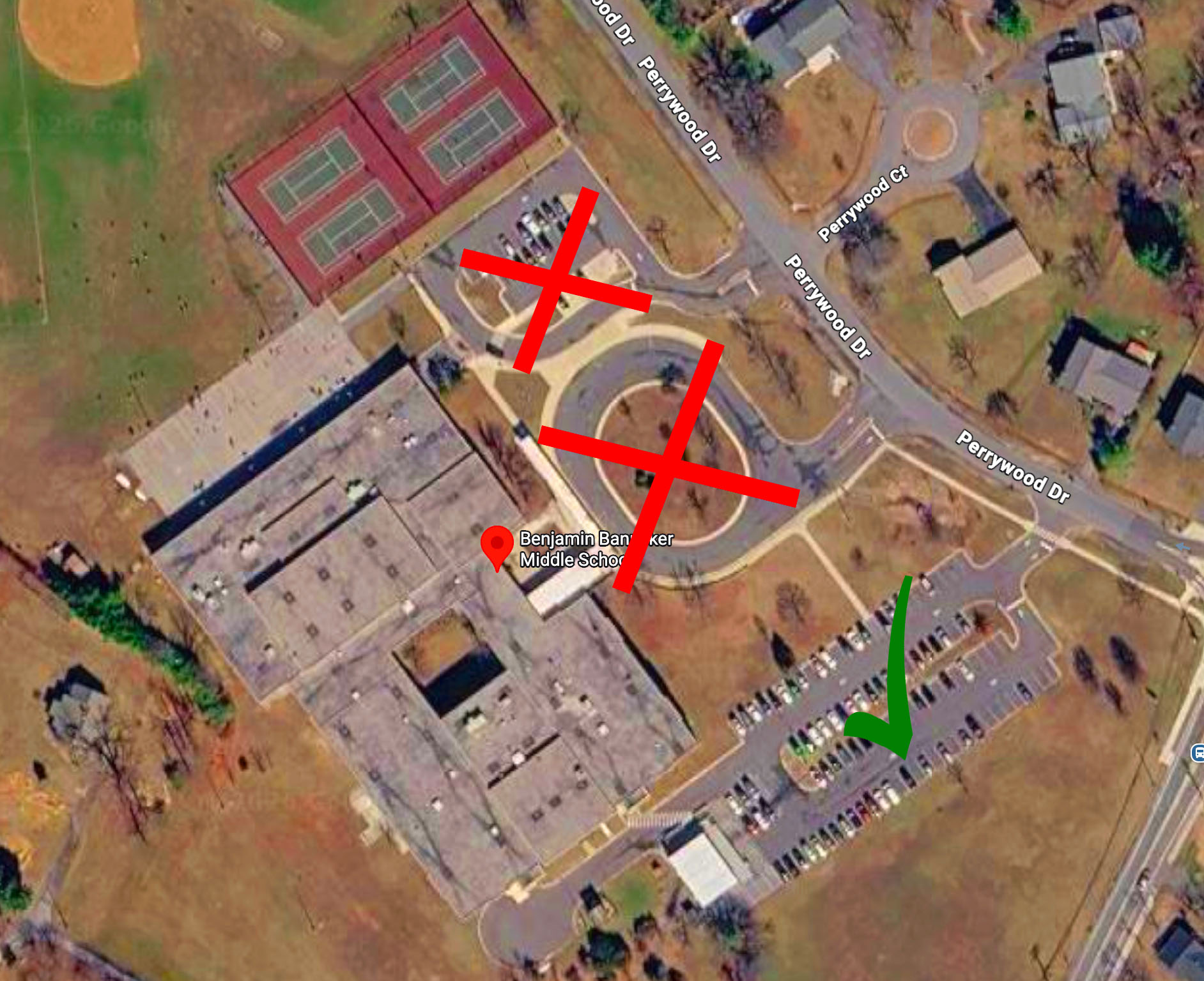 Parking map for Benjamin Banneker Middle School — green check shows visitor parking, red X shows restricted areas