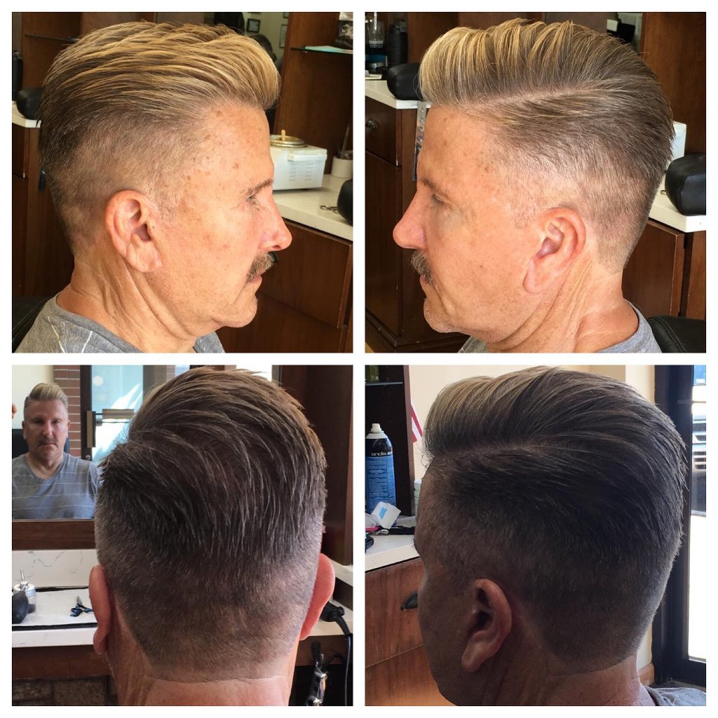 Silver pompadour undercut before and after