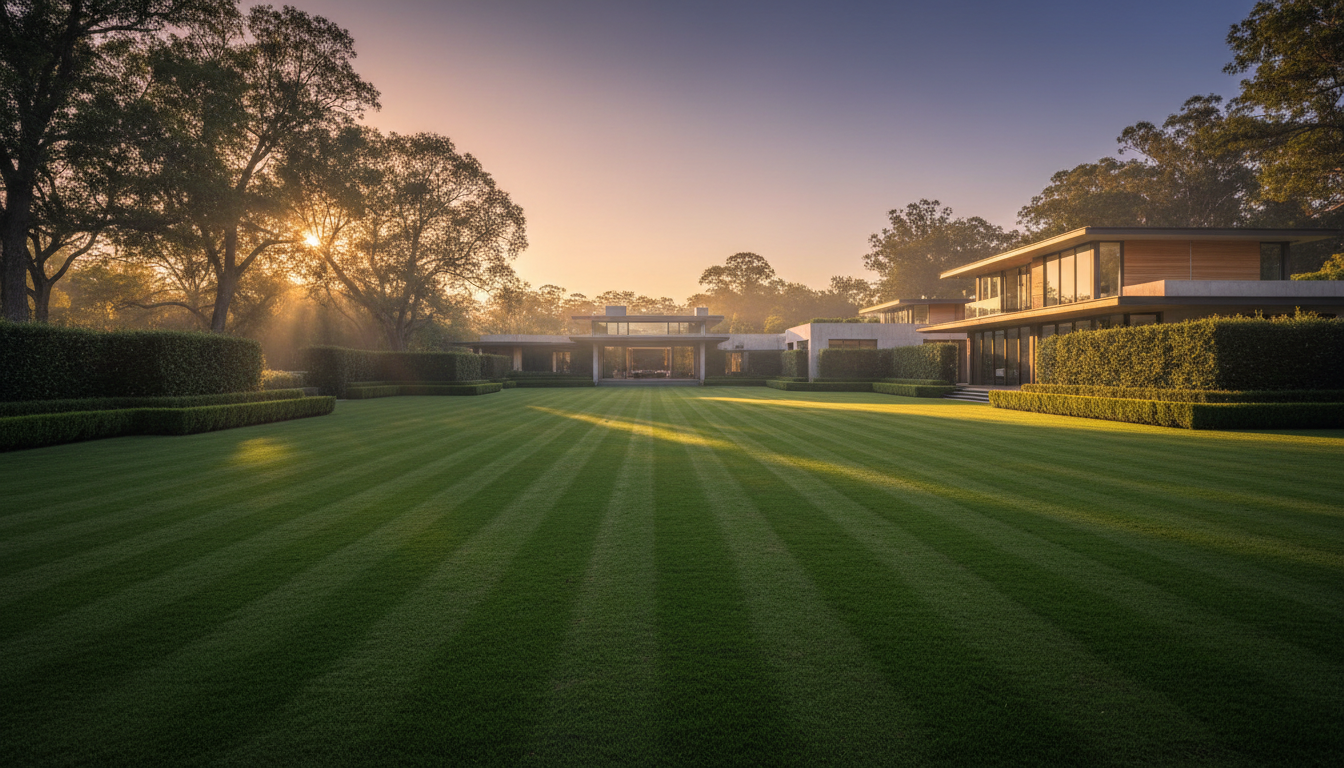 Pristine luxury lawn at golden hour