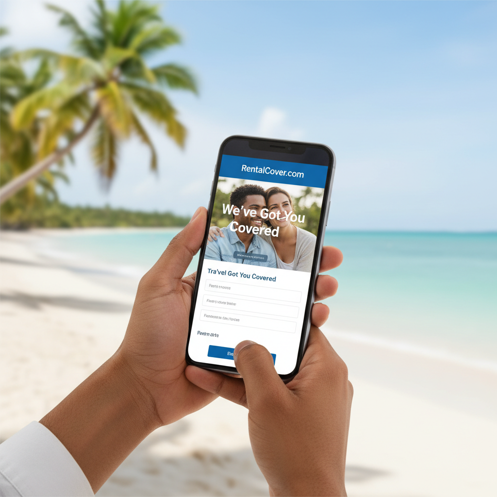 Person on beach with RentalCover.com on phone