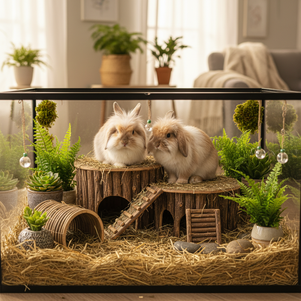 Rabbits in a cozy terrarium habitat