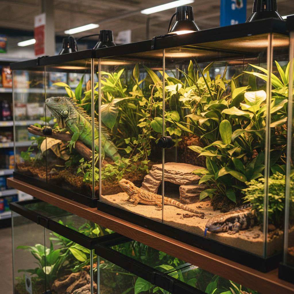 Multiple reptile terrariums with exotic reptiles