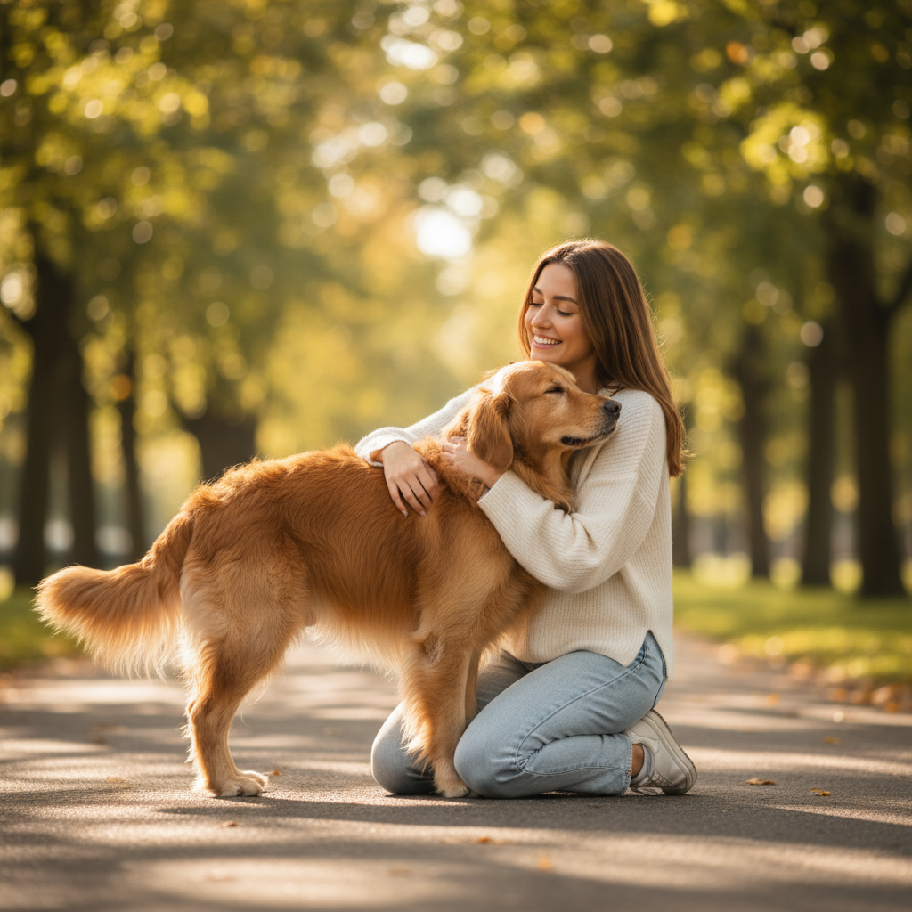 Woman kneeling and petting golden retriever in park